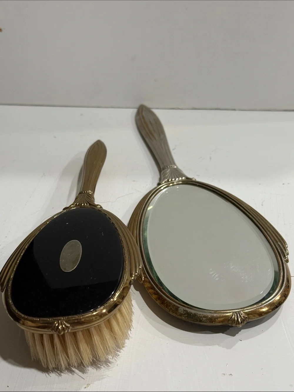 Vintage Art Deco Vanity Set Mirror & Brush Black Gold 1920’s